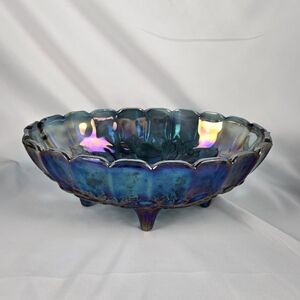 Vintage Indiana Glass Carnival Glass Blue Iridescent Footed Oval Bowl Harvest